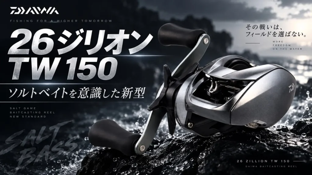 26ジリオンTW150と海辺の背景に「ソルトベイトを意識した新型」の見出しを配したイメージ画像
