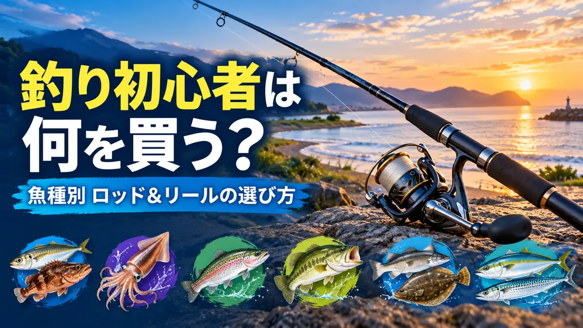 釣り初心者向けに魚種別のロッドとリールの選び方を紹介するアイキャッチ